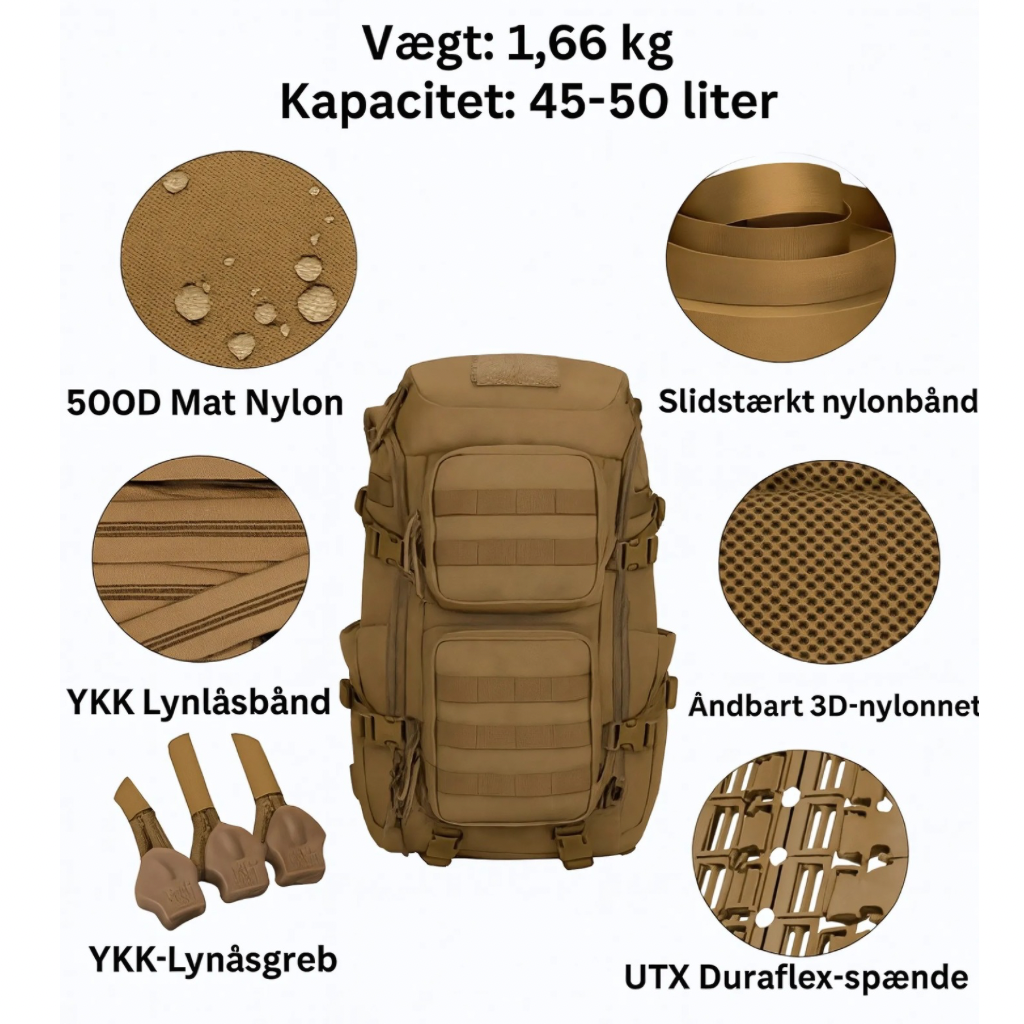 Trekker 45 – Stor Eventyr Rygsæk i. 500D Nylon, YKK &  UTX Duraflex