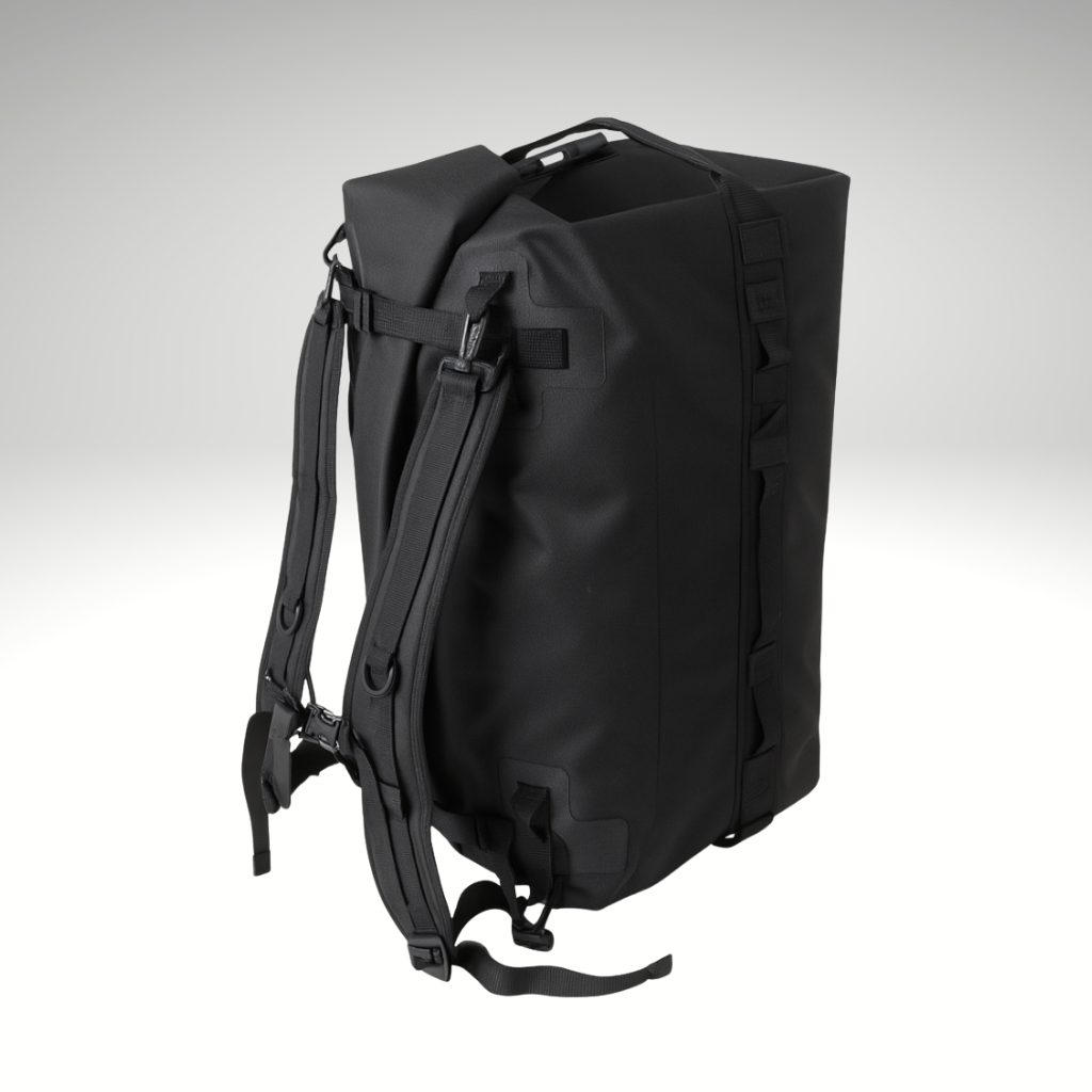 Vejrfast 60 liter vandtæt rolltop duffletaske/rygsæk med foran lufttæt lynlås som rygsæk side visening