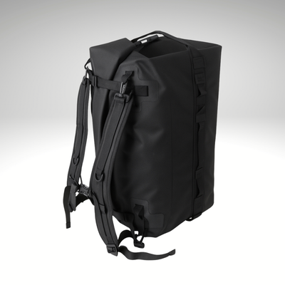 Vejrfast 60 liter vandtæt rolltop duffletaske/rygsæk med foran lufttæt lynlås som rygsæk side visening