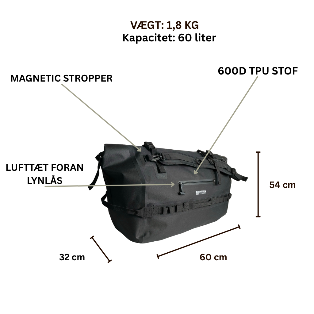 Vejrfast 60 liter vandtæt rolltop duffletaske/rygsæk  produkt specifikation
