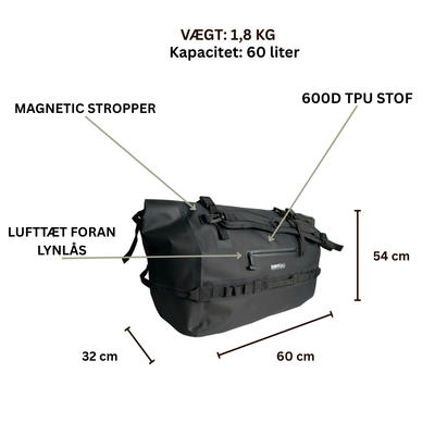 Vejrfast 60 liter vandtæt rolltop duffletaske/rygsæk  produkt specifikation